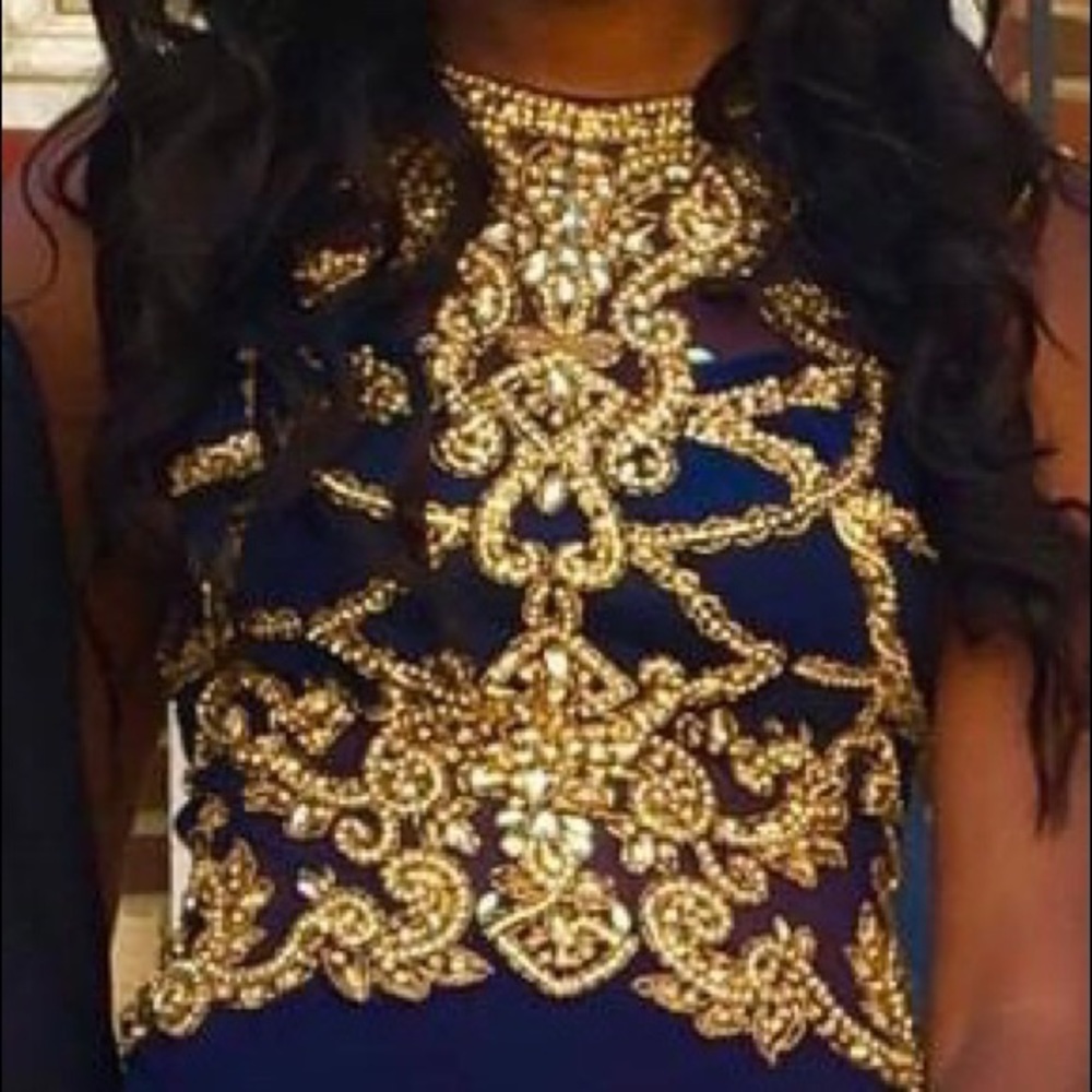 Navy Blue and Gold beaded prom dress